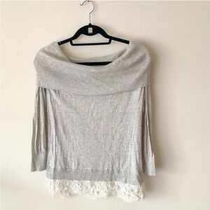 Chelsea28 off the shoulder sweater, gray with white lace trim hem, size XS